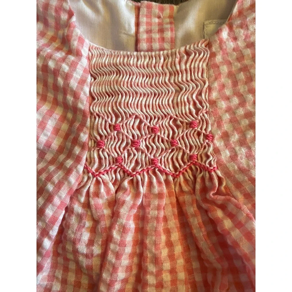 Edgehill Collection Baby Girl Pink Gingham Seersucker Smocked Dress 9M Flutter